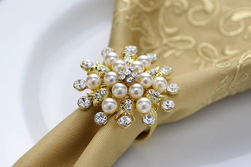 Joyindecor Gold Napkin Rings Set of 6 - Snowflake Pearl Rhinestone Napkin Ring Holder for Wedding Party Home Kitchen Dining Table Linen Accessories (Golden) - Image 4